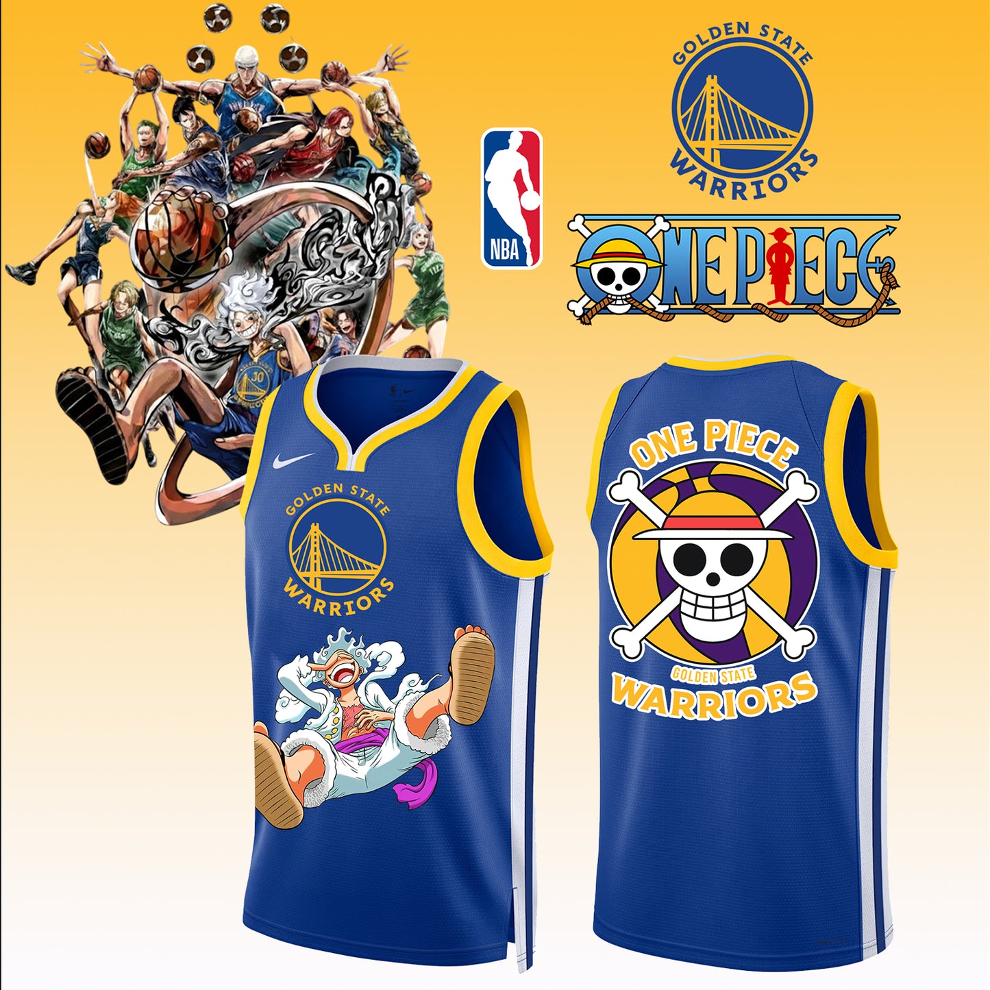 _,ONE PIECE × NBA Golden State Warriors 2025 Jersey 2