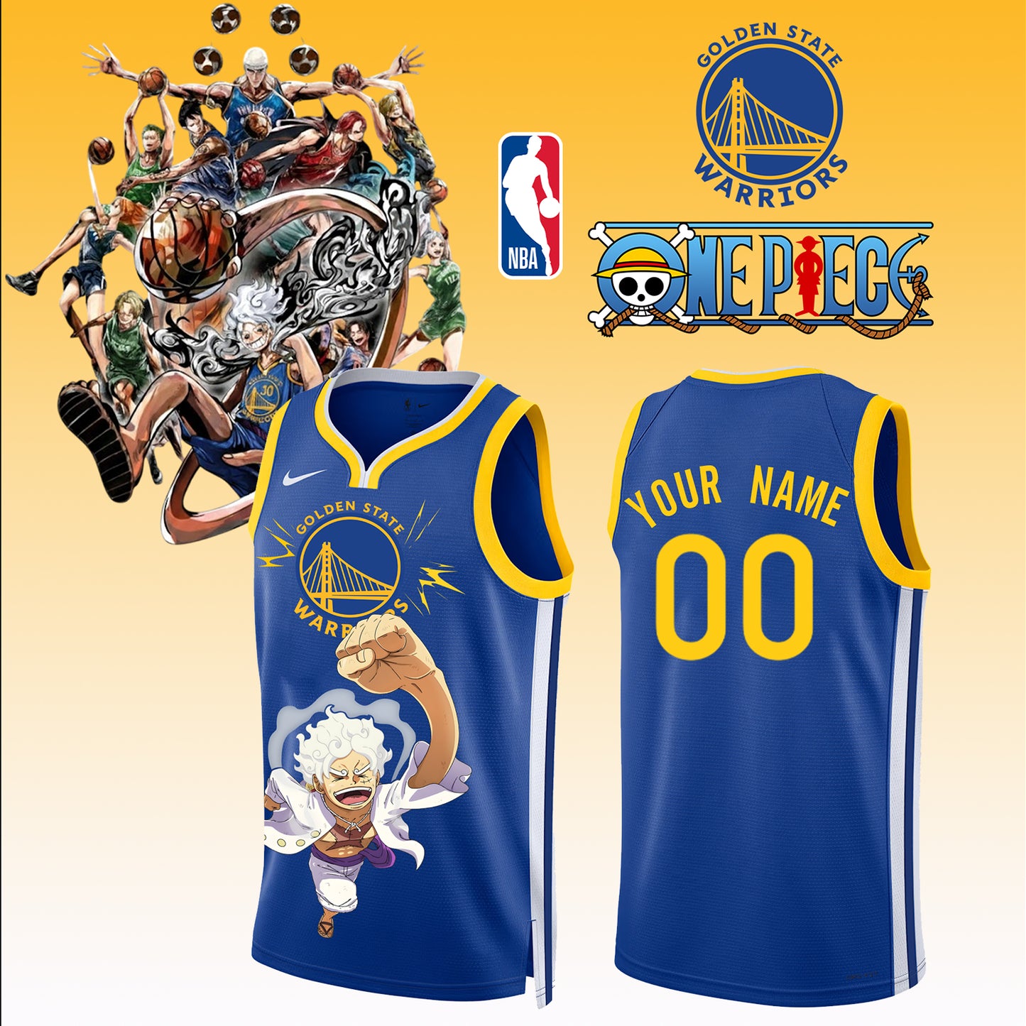 _ONE PIECE × NBA Golden State Warriors 2025 Jersey ( Custom Name & Number ) 3