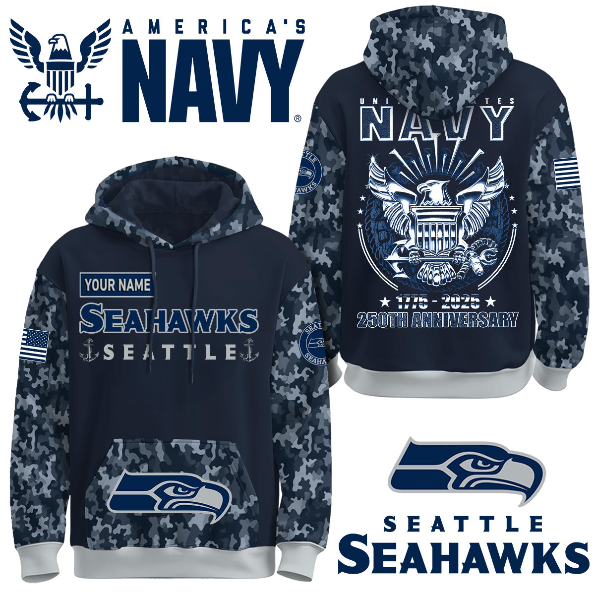 Seattle Seahawks x U.S Navy 250th Birthday Anniversary-3D Unisex Hoodie
