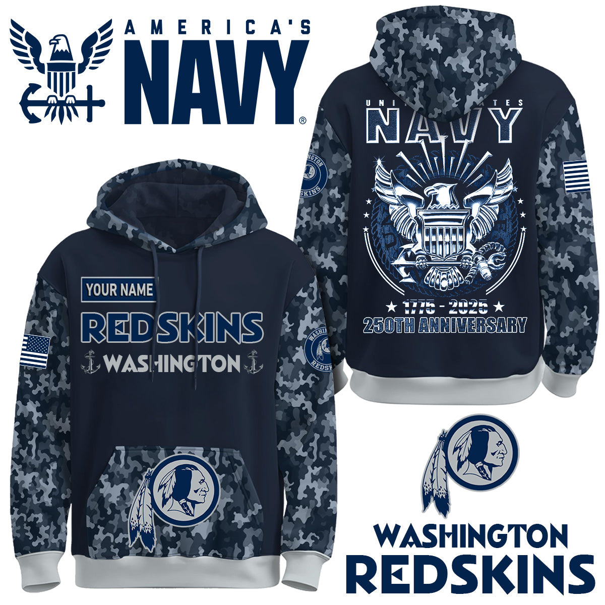 Washington Redskins x U.S Navy 250th Birthday Anniversary-3D Unisex Hoodie