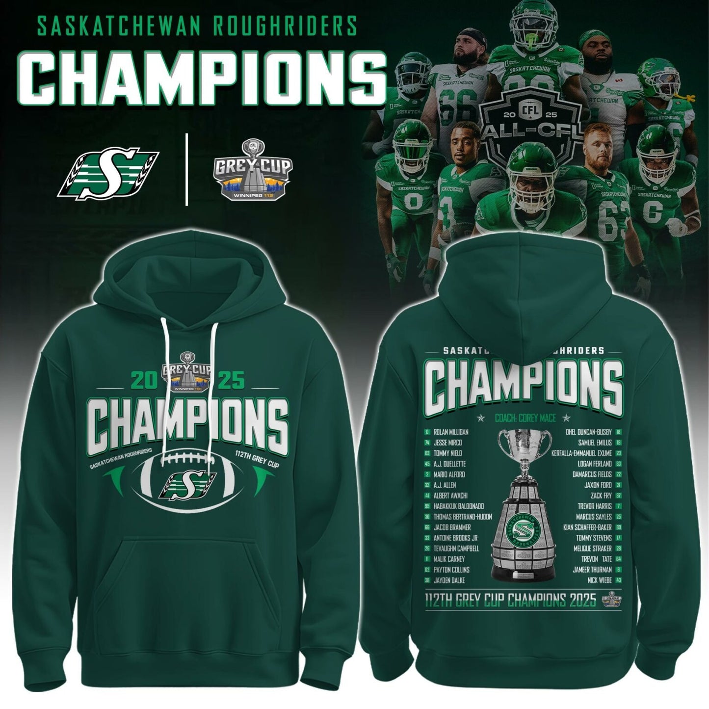 Limited Edition Roughriders 2025 Grey Cup Champions Hoodie-AB1711257022