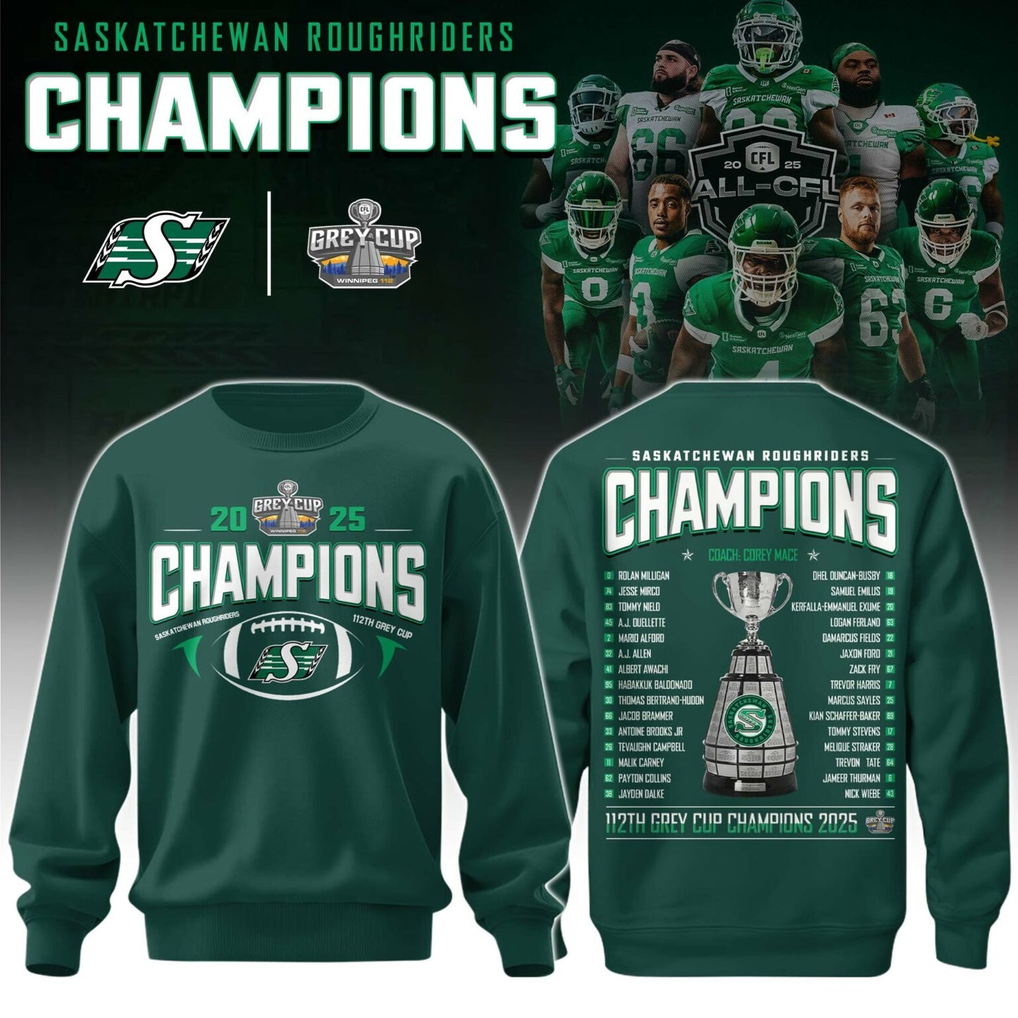 Limited Edition Roughriders 2025 Grey Cup Champions Sweatshirt-AB1711257024
