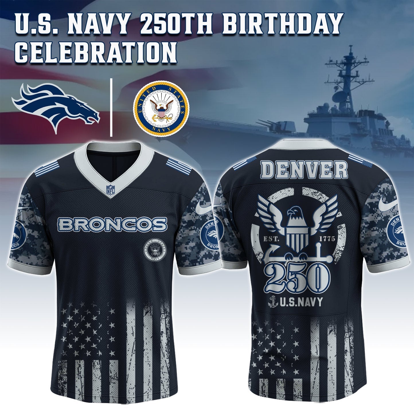 Denver Broncos x U.S. NAVY 250TH Birthday Special Edition Jersey - Tycheco