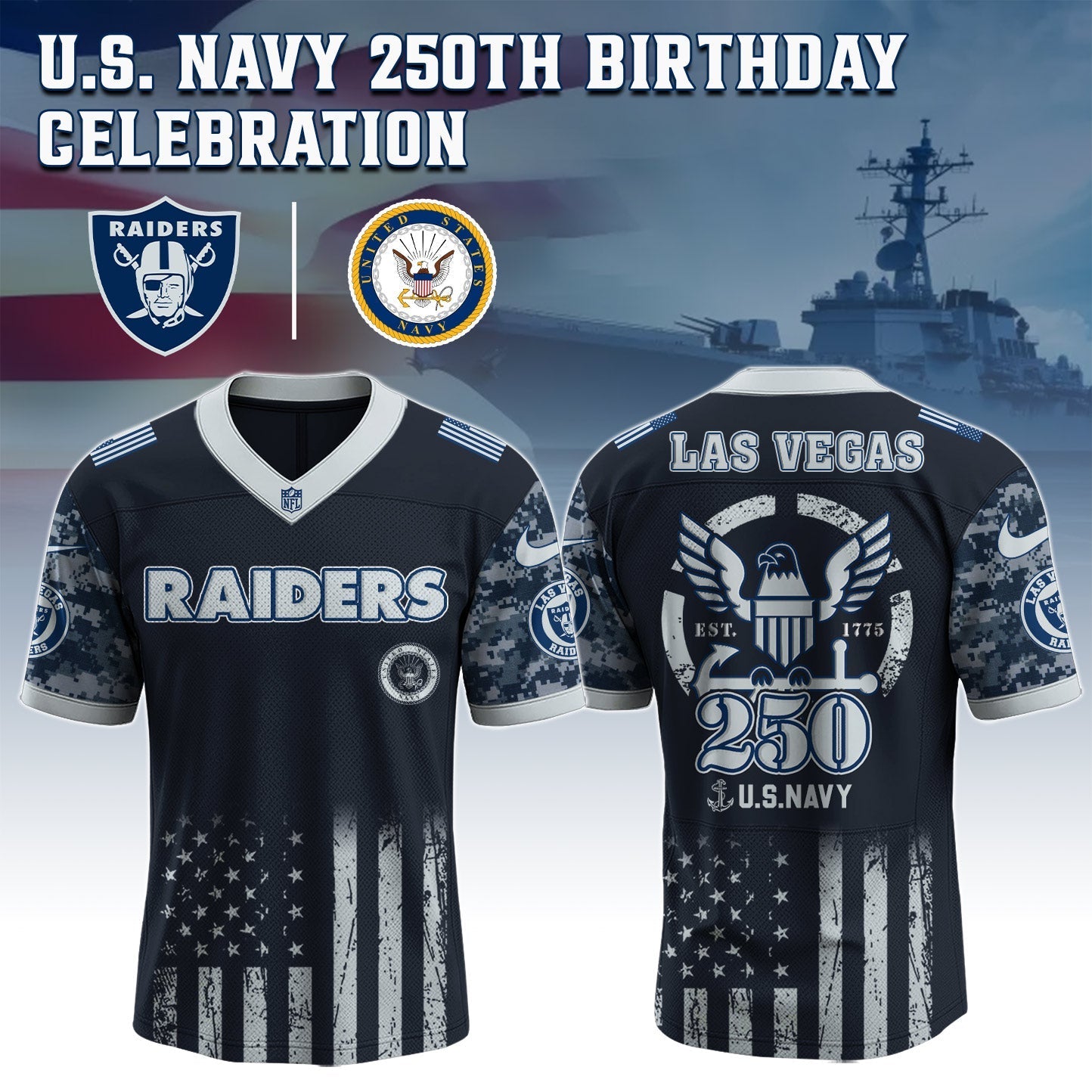 Las Vegas Raiders x U.S. NAVY 250TH Birthday Special Edition Jersey - Tycheco