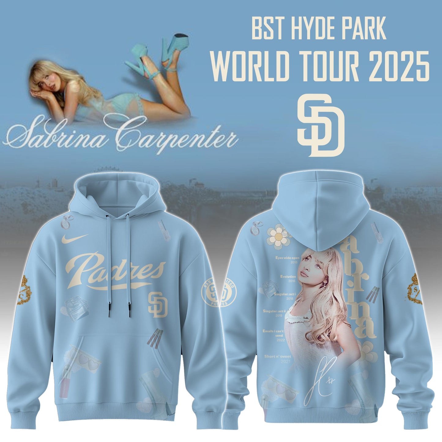 S D Padres x Sabrina Carpenter “Short n’ Sweet Tour” Hoodie Editions Limited +Selling Out Fast