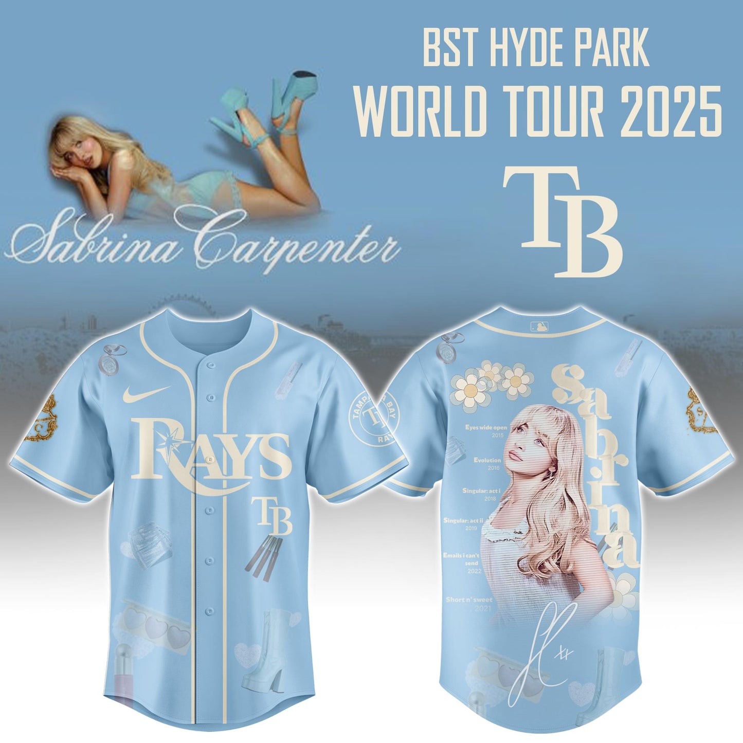 T B Rays x Sabrina Carpenter "Short n’ Sweet Tour" Jersey Editions Limited +Selling Out Fast