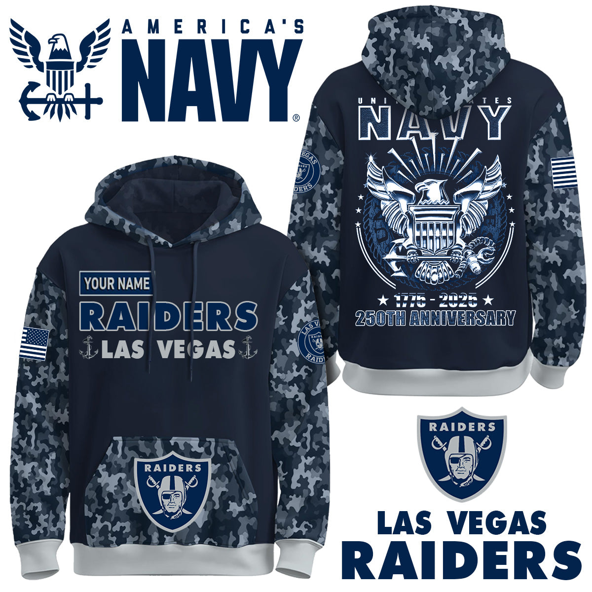 Las Vegas Raiders x U.S Navy 250th Birthday Anniversary-3D Unisex Hoodie