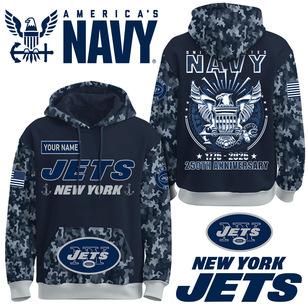 New York Jets x U.S Navy 250th Birthday Anniversary-3D Unisex Hoodie