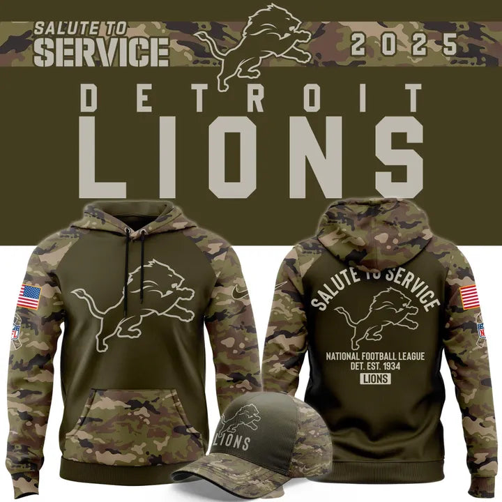 Men's Detroit Lions Nike Olive/Camo 2025 Salute to Service Sideline Hoodie