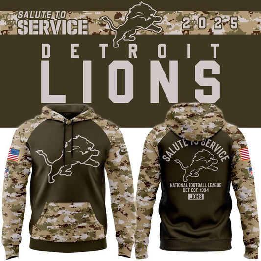 Men's Detroit Lions Nike Olive/Camo 2025 Salute to Service Sideline Hoodie v2