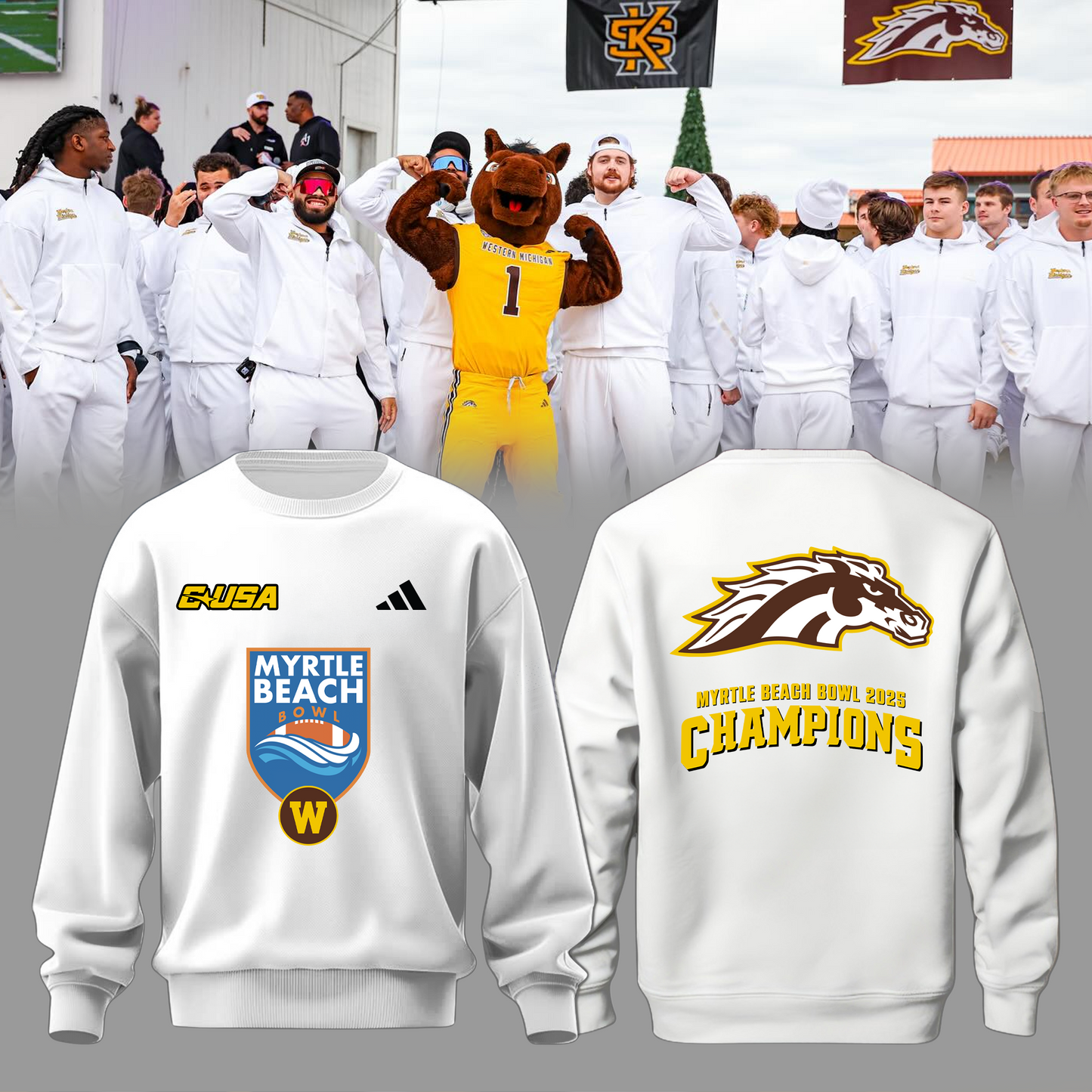 🏆MYRTLE BEACH BOWL CHAMPS! - Western Michigan Football Sweatshirt Champions - White - All Cotton - Unisex