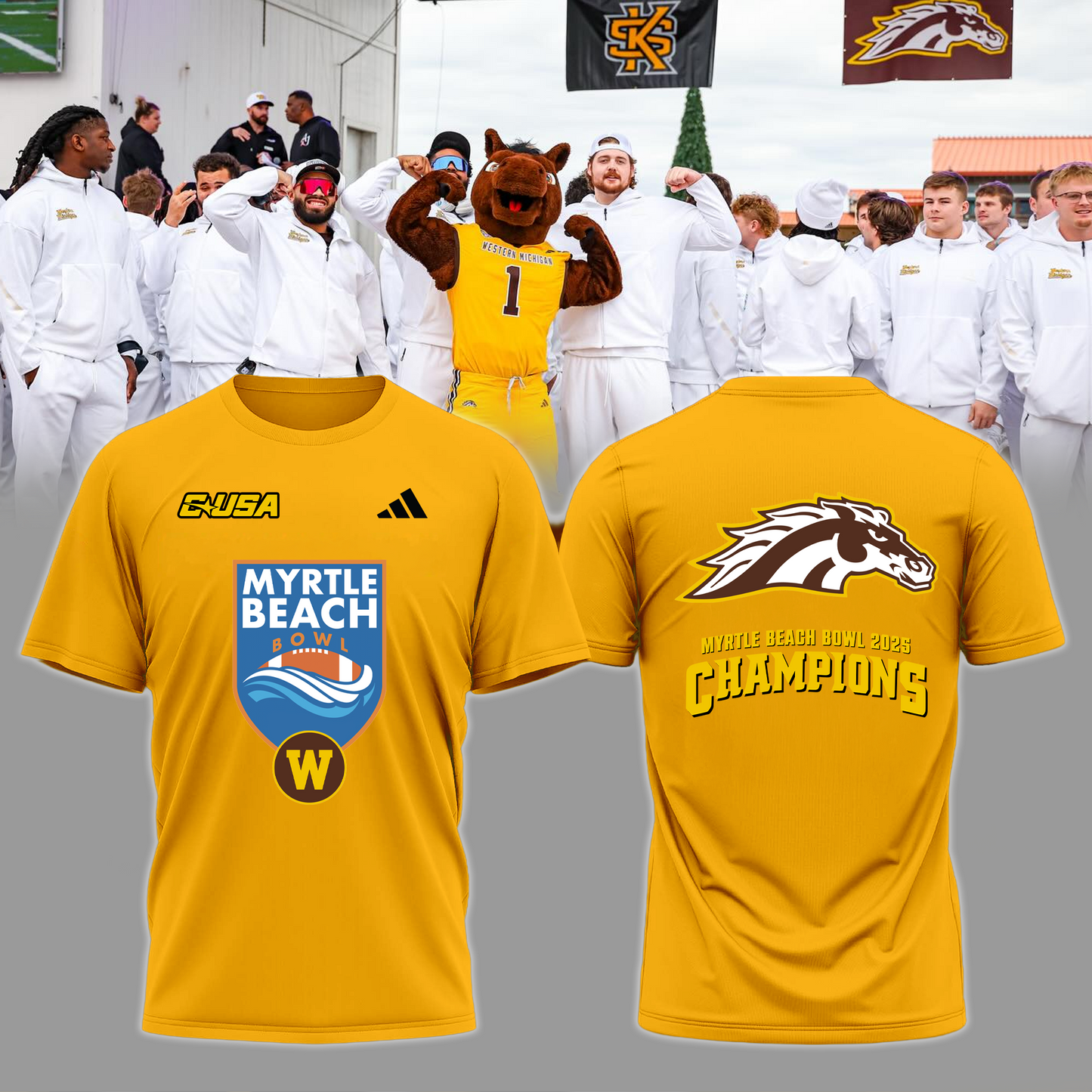 🏆MYRTLE BEACH BOWL CHAMPS! - Western Michigan Football T-Shirt Champions - Yellow - All Cotton - Unisex