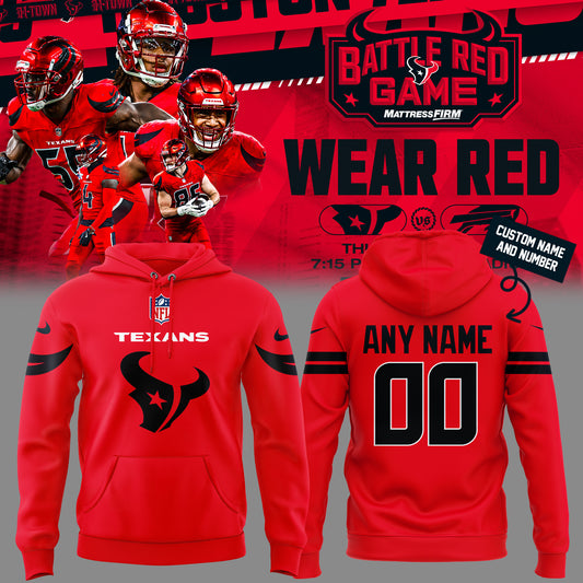 Houston Texans BATTLE RED Hoodie 2025 CUSTOM NAME AND NUMBER