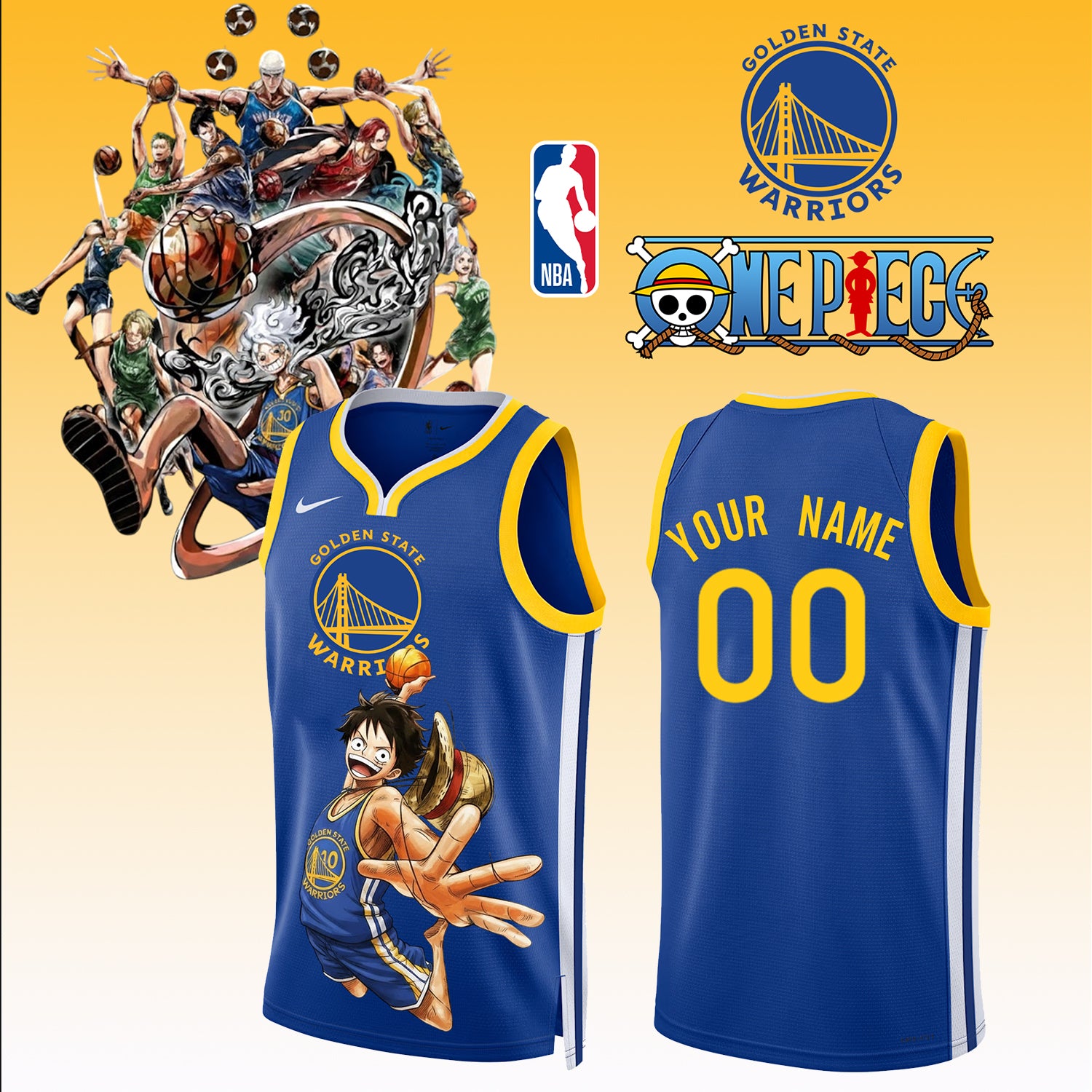 _,,ONE PIECE × NBA Golden State Warriors 2025 Jersey ( Custom Name &amp; Number ) 1