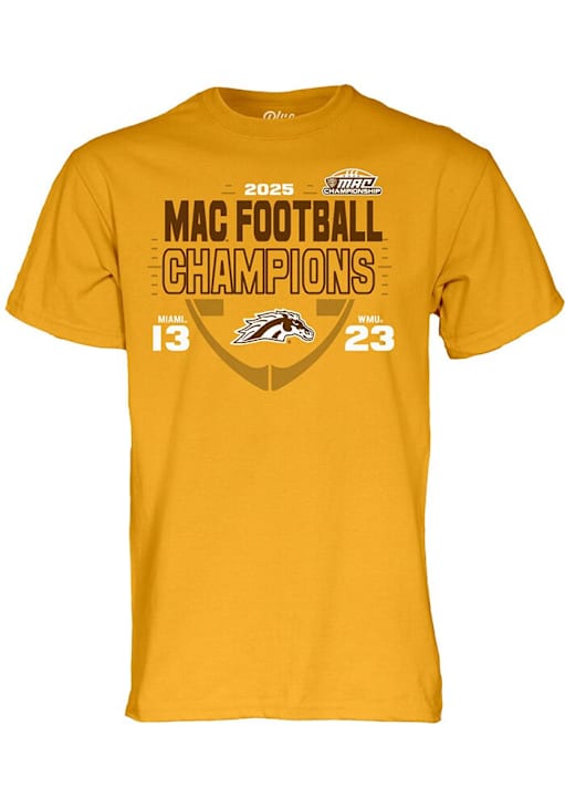 Western Michigan Broncos Gold Blue 84 2025 MAC Football Champions Score Short Sleeve T Shirt