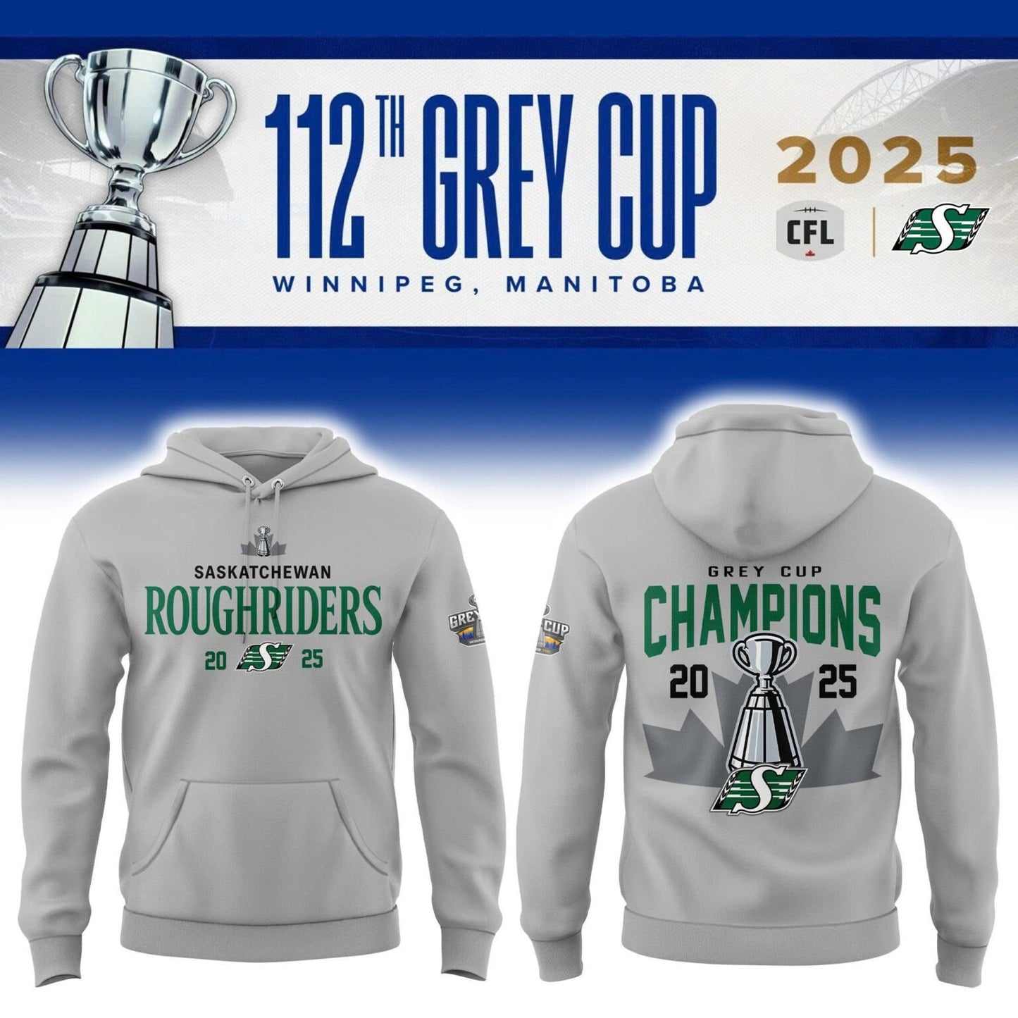 Limited Edition Roughriders 2025 Grey Cup Champions Hoodie-AB1711257007