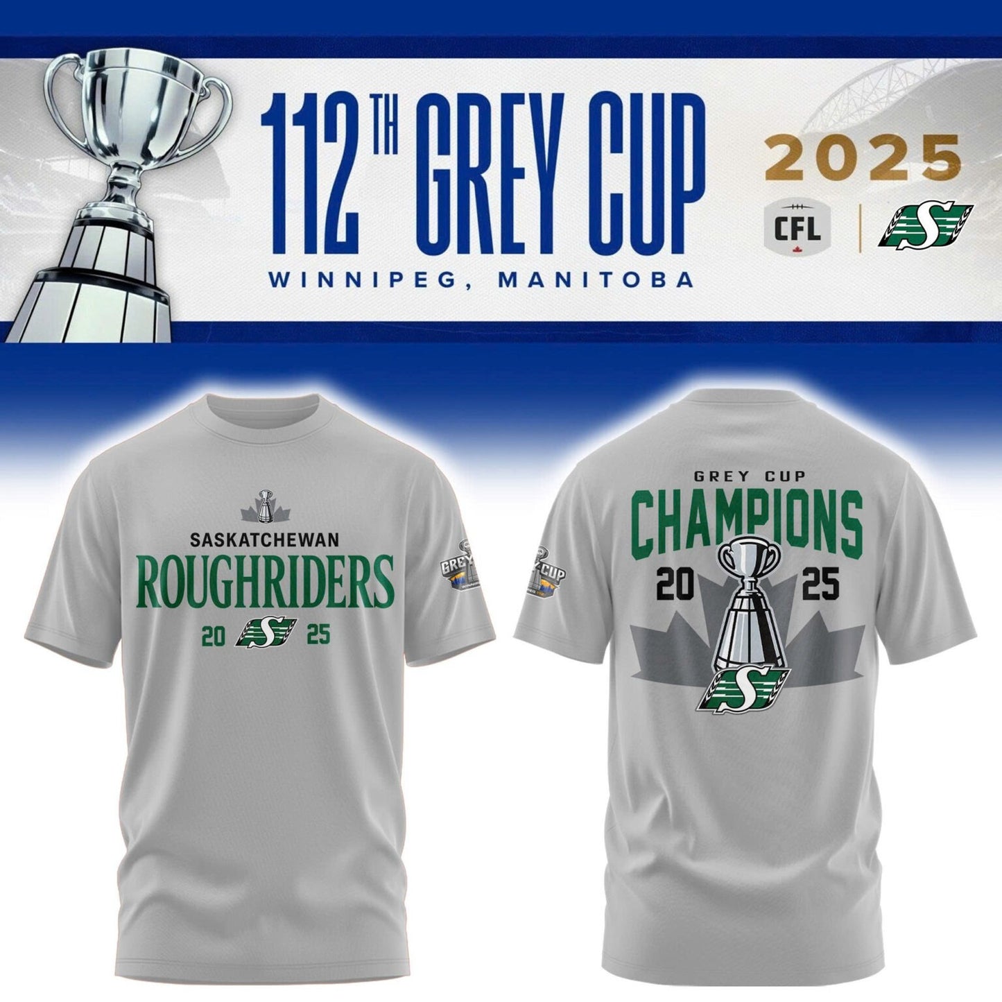 Limited Edition Roughriders 2025 Grey Cup Champions Shirt-AB1711257008