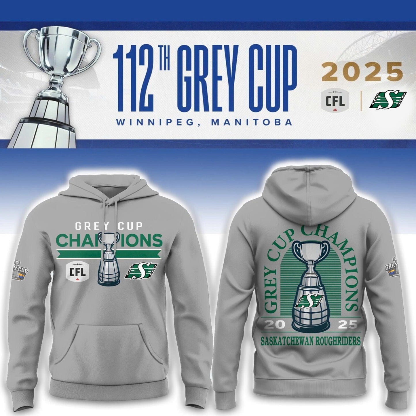 Limited Edition Roughriders 2025 Grey Cup Champions Hoodie-AB1711257019