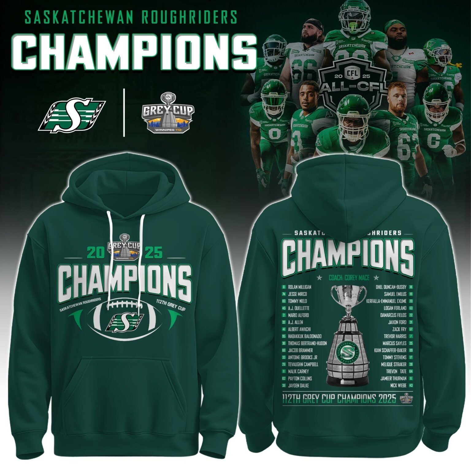Limited Edition Roughriders 2025 Grey Cup Champions Hoodie-AB1711257022