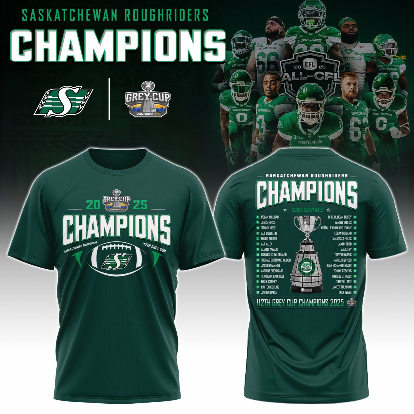 Limited Edition Roughriders 2025 Grey Cup Champions Shirt-AB1711257026