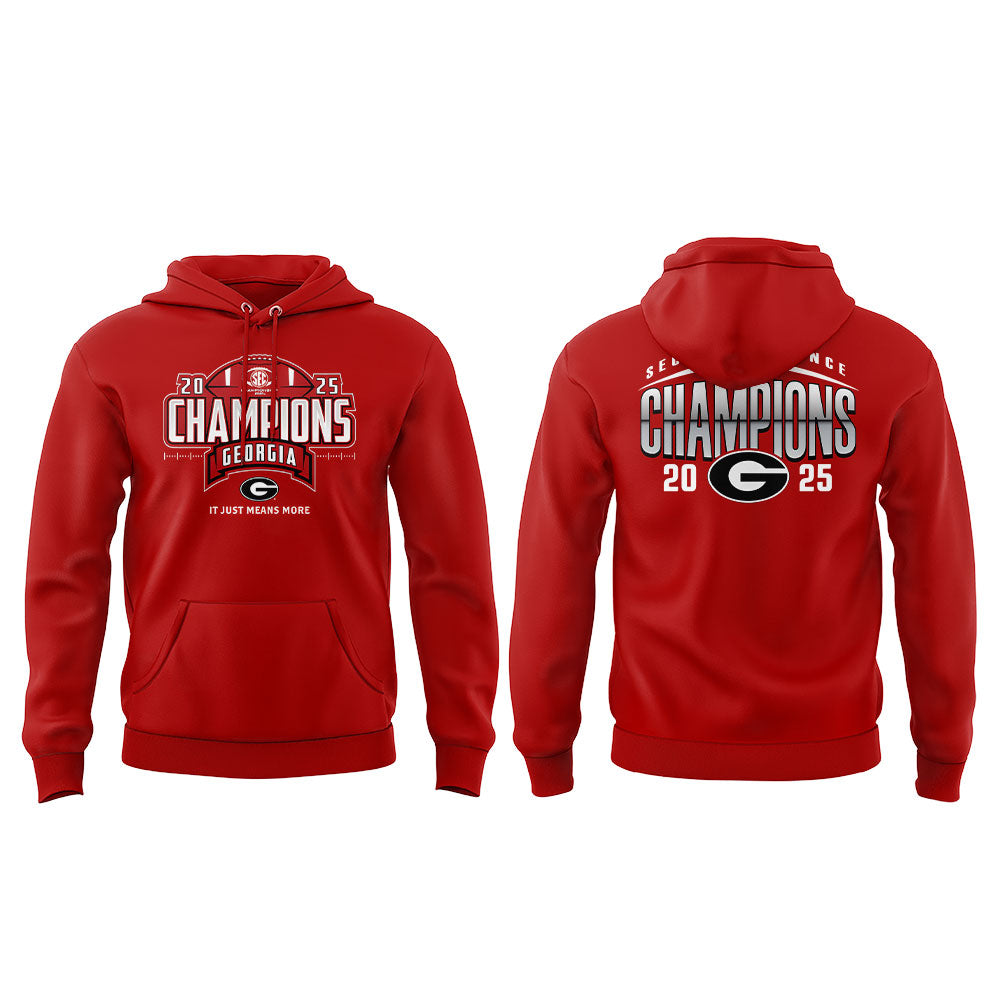 . Georgia Bulldogs 2025 SEC Football Champions Red Hoodie V2