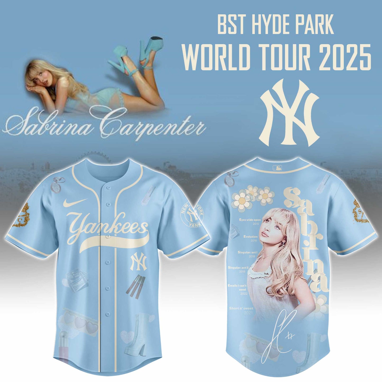 N Y Yankees x Sabrina Carpenter "Short n’ Sweet Tour" Jersey Editions Limited +Selling Out Fast