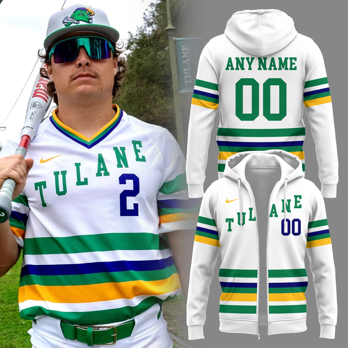 Tulane Baseball 2025 Limited Edition​ "Mardi Gras 2025" Custom Zip Hoodie-PU25021602