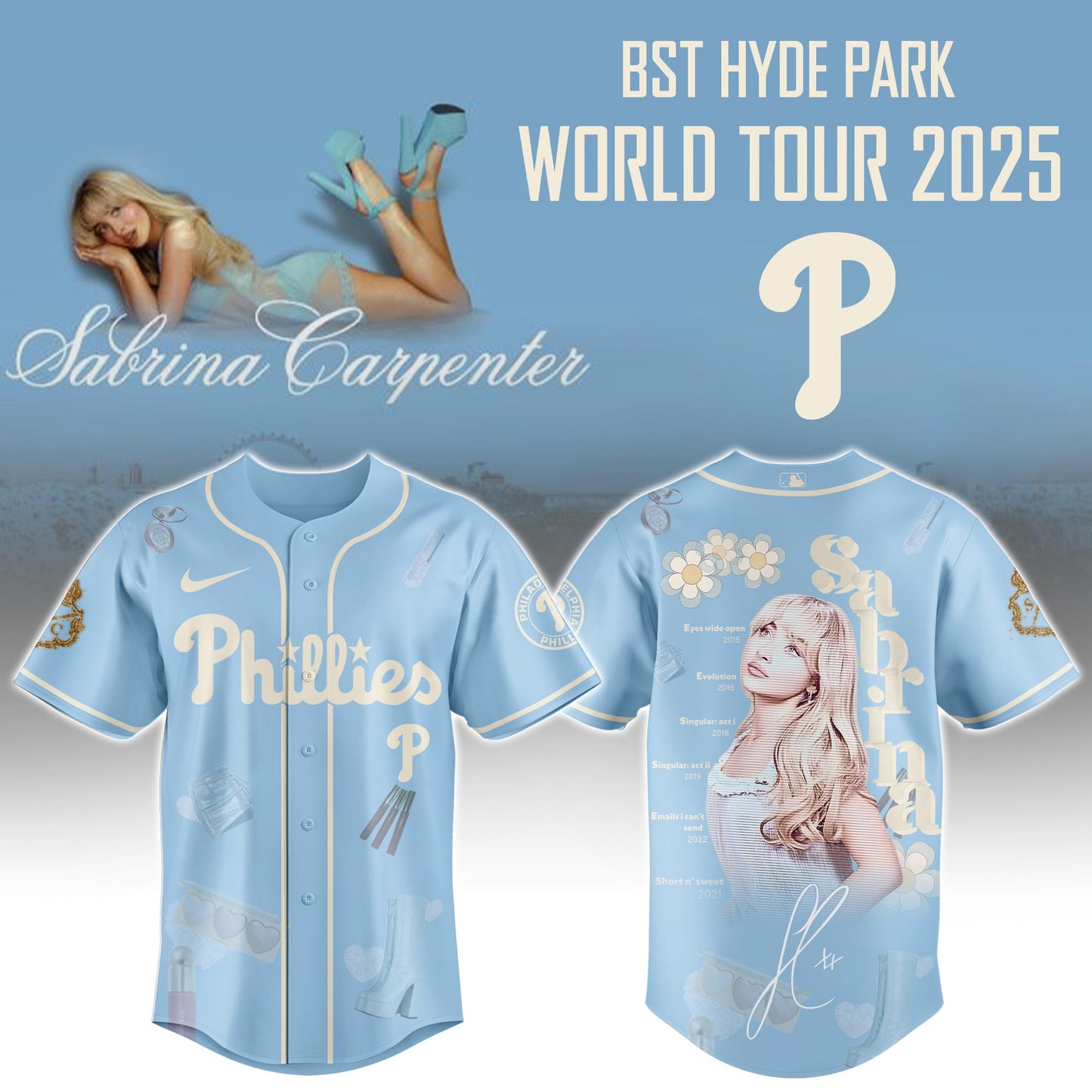 P Phillies x Sabrina Carpenter "Short n’ Sweet Tour" Jersey Editions Limited +Selling Out Fast