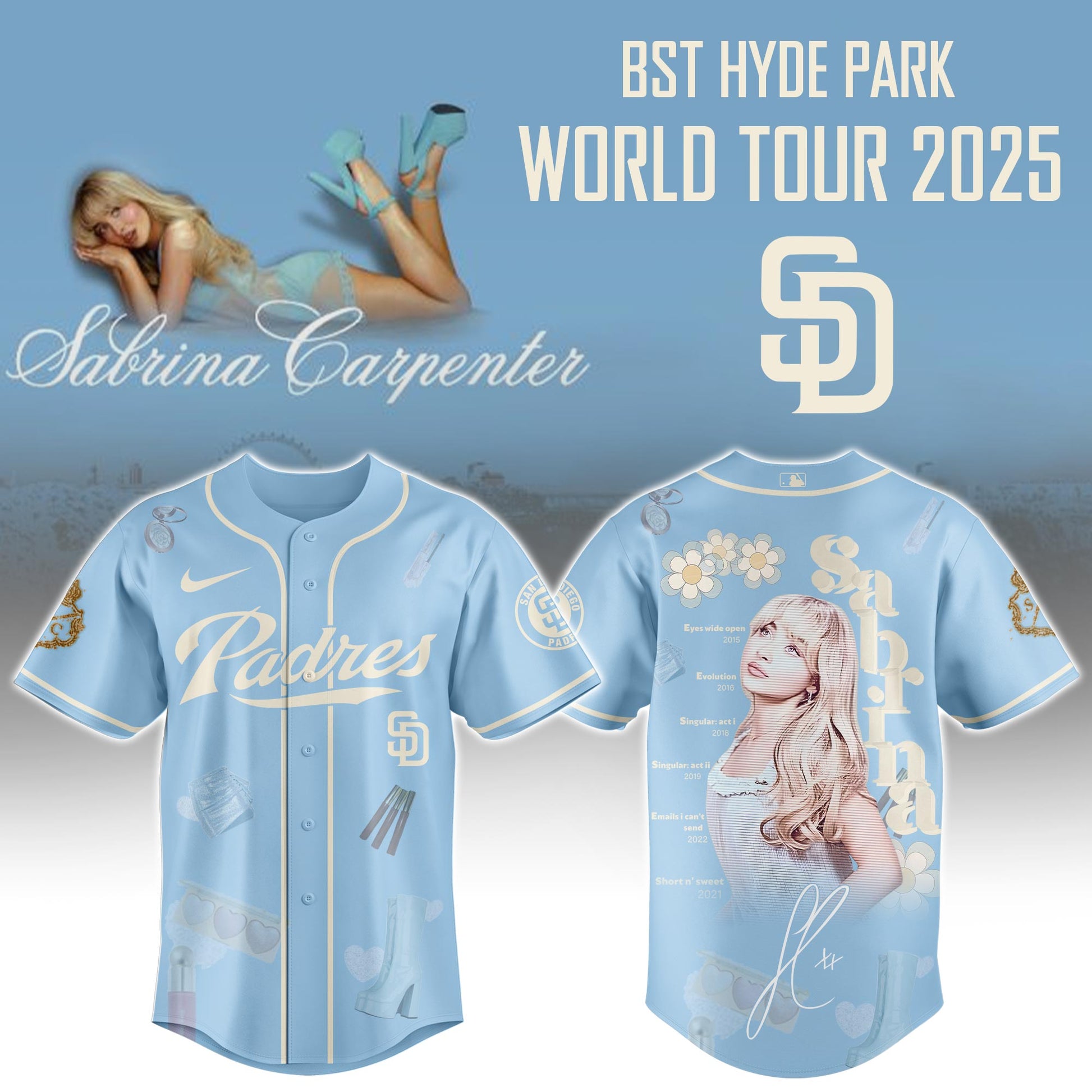 S D Padres x Sabrina Carpenter "Short n’ Sweet Tour" Jersey Editions Limited +Selling Out Fast