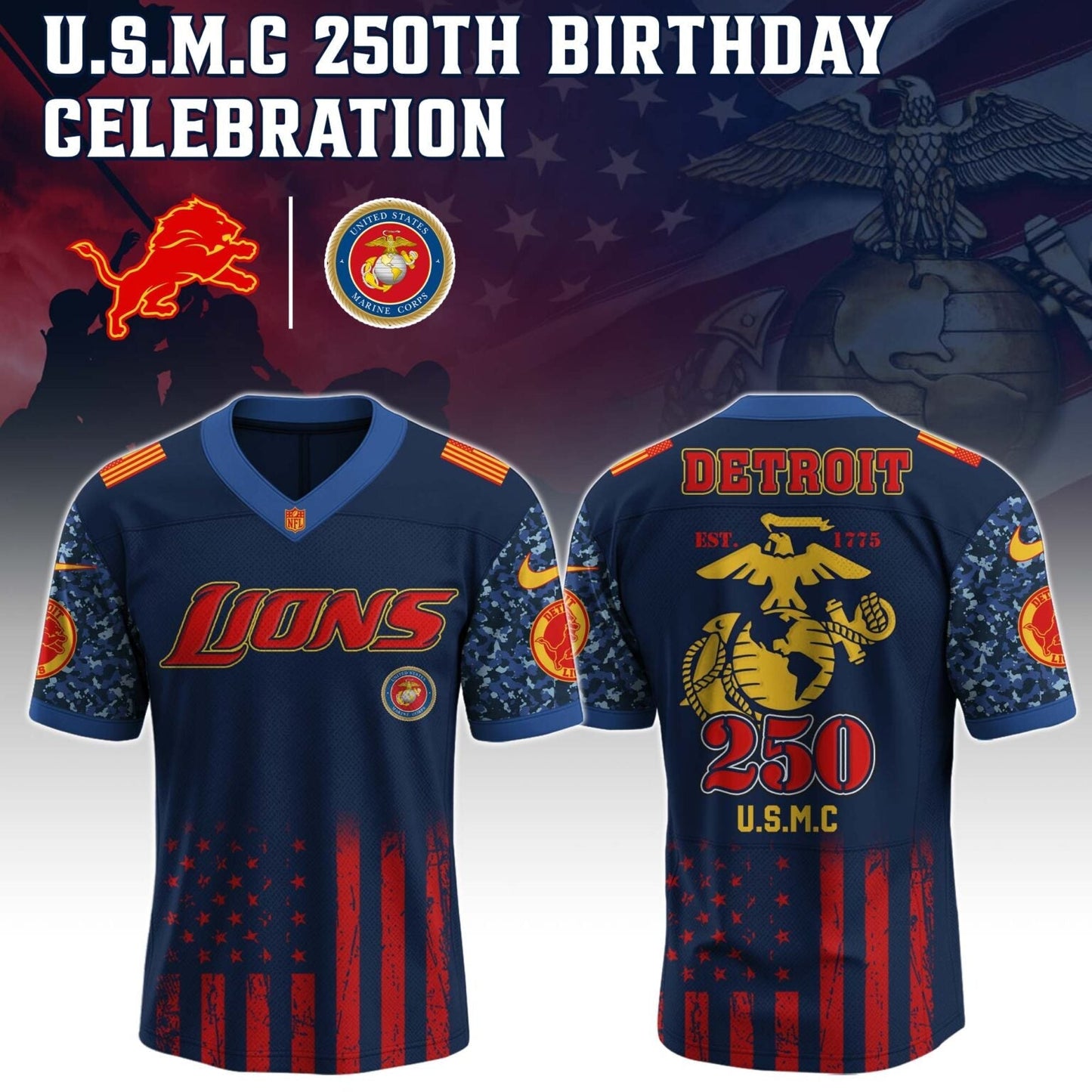 Detroit Lions x U.S.M.C 250TH Birthday Special Edition Jersey - Tycheco