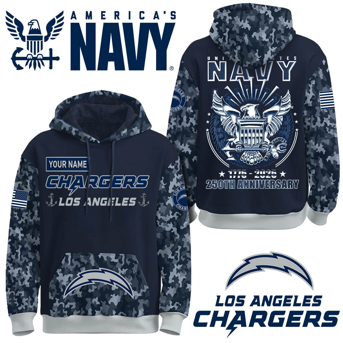 Los Angeles Chargers x U.S Navy 250th Birthday Anniversary-3D Unisex Hoodie