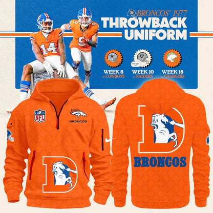 Men's NFL Denver Broncos Throwback 1977 Orange Quarter Zipper Hoodie