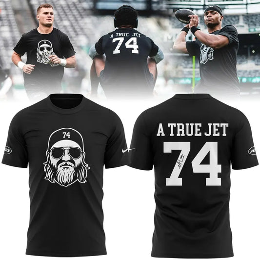 “A TRUE JET 74” T-shirt honoring Nick Mangold, legend of the New York Jets for fans.