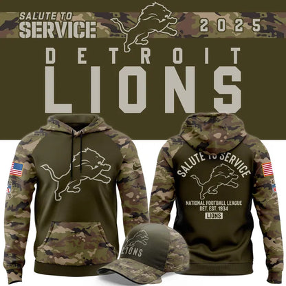 Men's Detroit Lions Nike Olive/Camo 2025 Salute to Service Sideline Hoodie