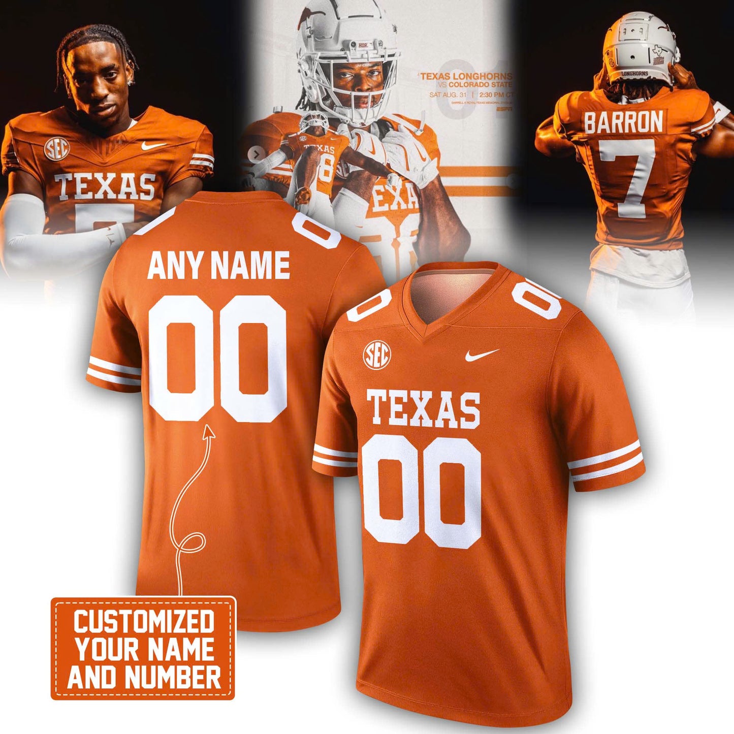 Texas Orange Texas Longhorns Custom Football Game Jersey